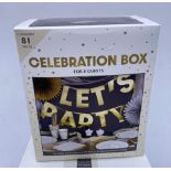 TRADE LOT 96 x NEW 81 PIECE CELEBRATION BOXES FOR 8 GUESTS. INCLUDES: PLATES, NAPKINS, STRAWS, CUPS,