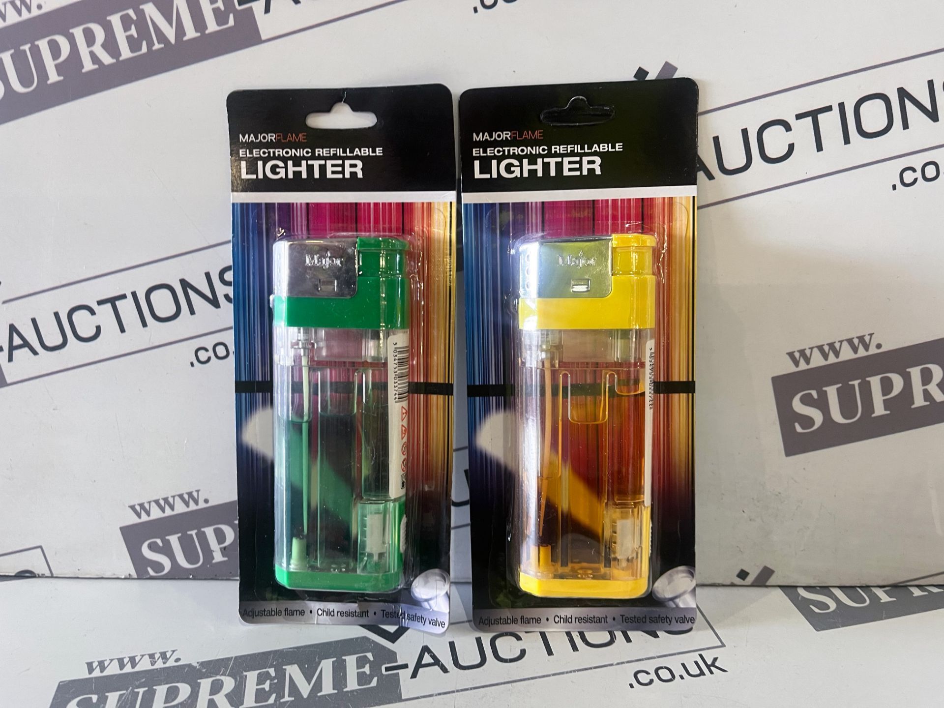 Trade Lot 360 X NEW PACKAGED MAJOR FLAME ELECTRONIC RE-FILLABLE GIANT LIGHTERS IN ASSORTED DESIGNS/