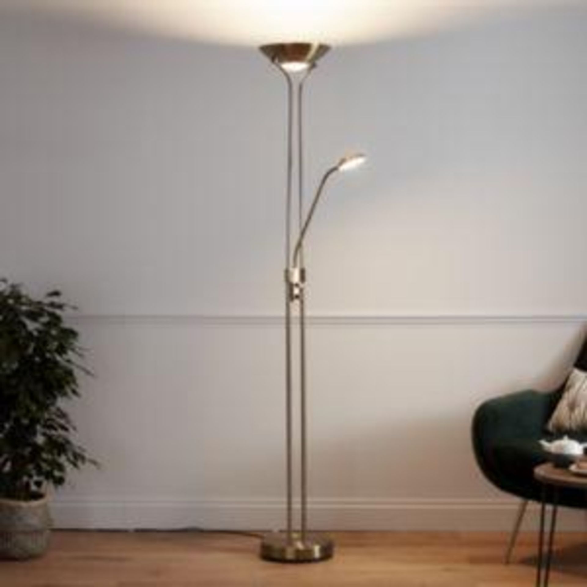 GoodHome Pulmoz Satin Antique Brass Effect Mother & Child Floor Light - SR23. Our indoor floor lamps