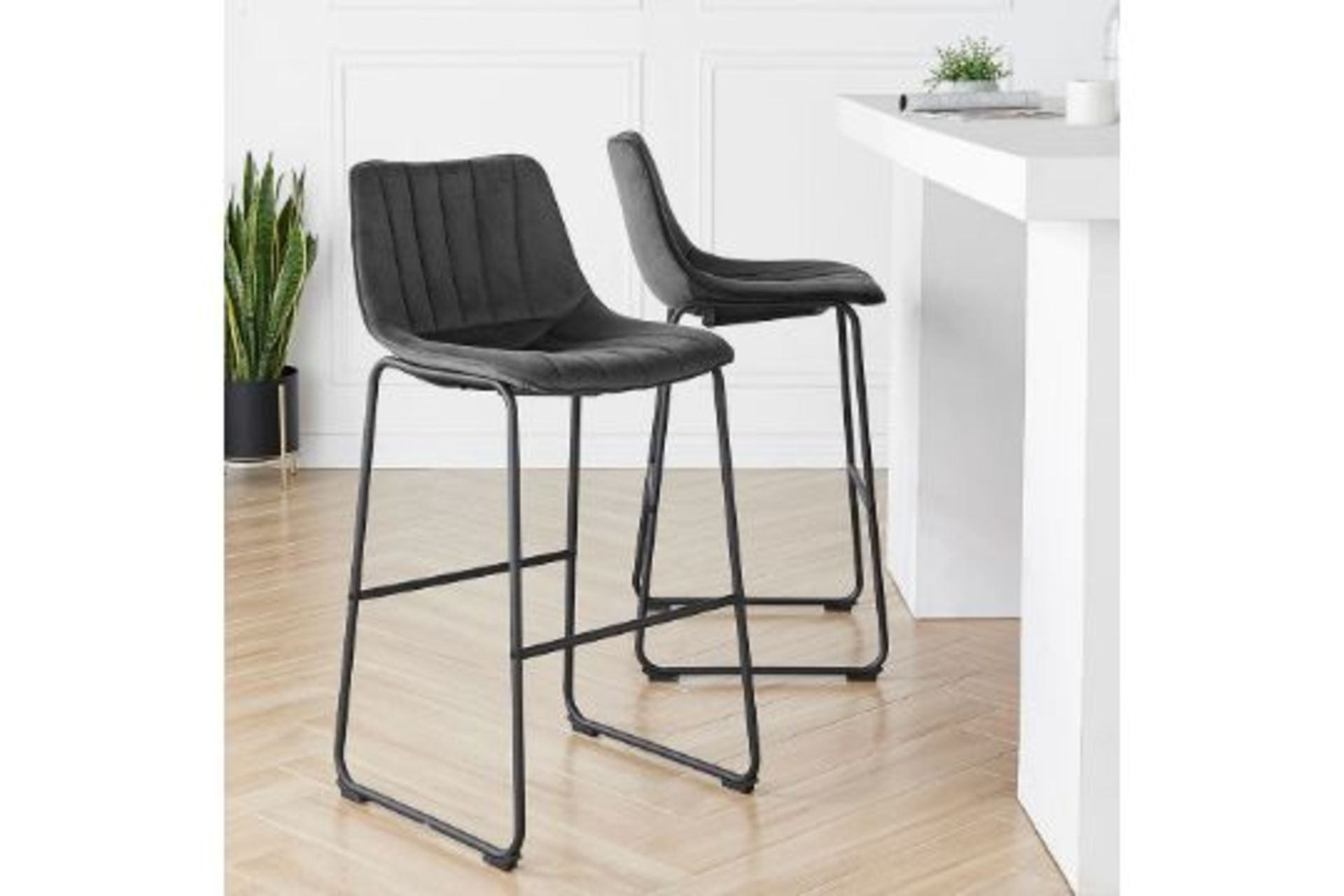 Sutton Set of 2 Barstools with Fluted Back (Grey Velvet). - R51. RRP £159.99. Our lovely Sutton