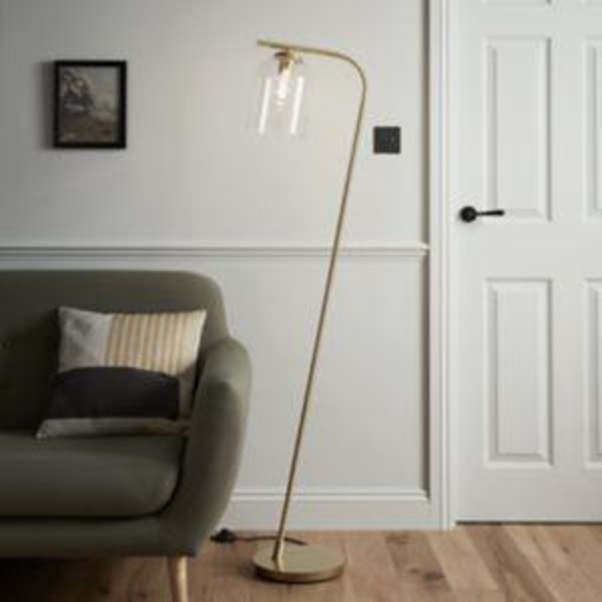 GoodHome Thestias Brass Effect Floor Light - SR23. This brushed brass effect floor lamp has a