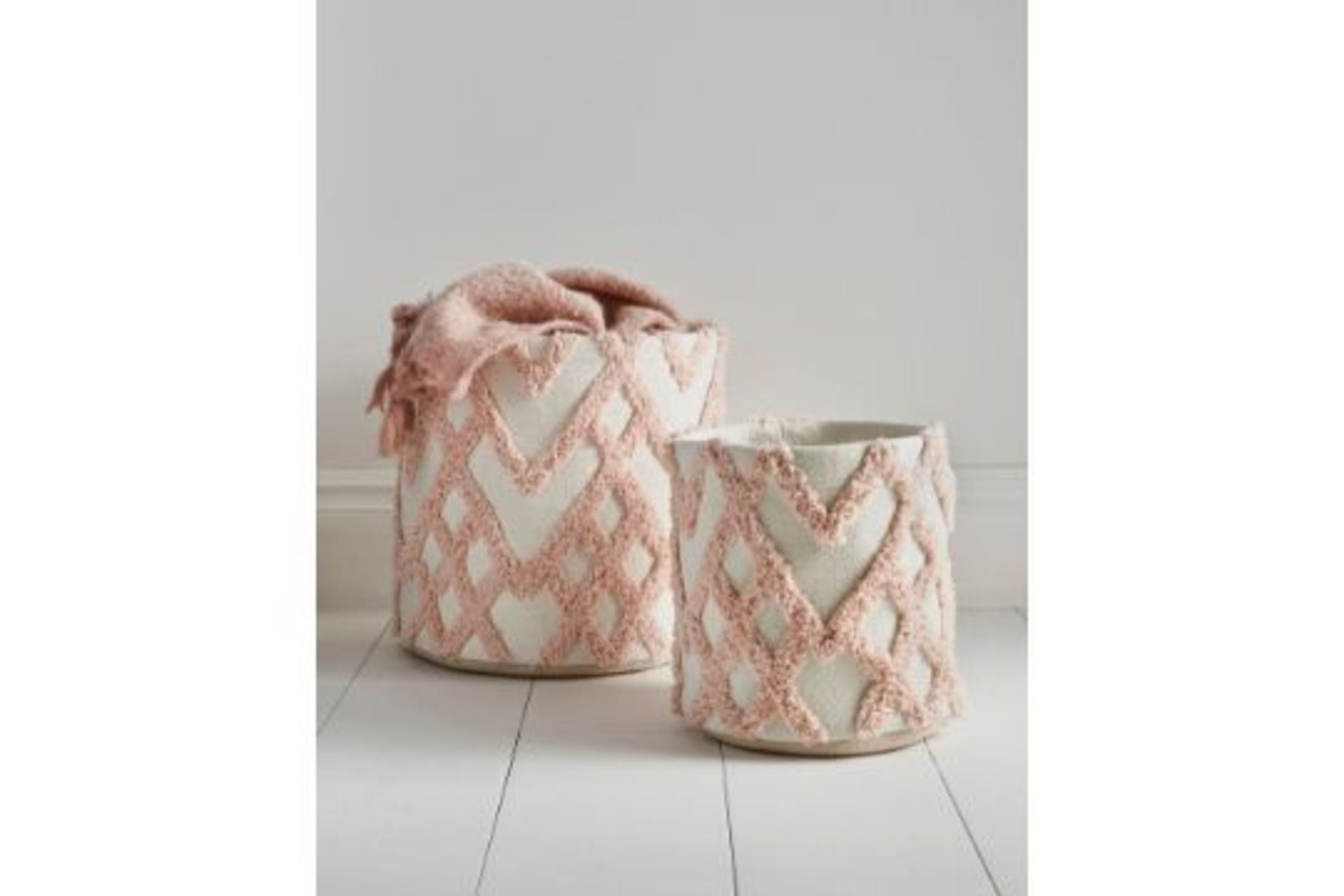 3x BRAND NEW Set of 2 Pink Ruffled Woven Baskets. RRP £39 EACH. These lovely monochrome woven