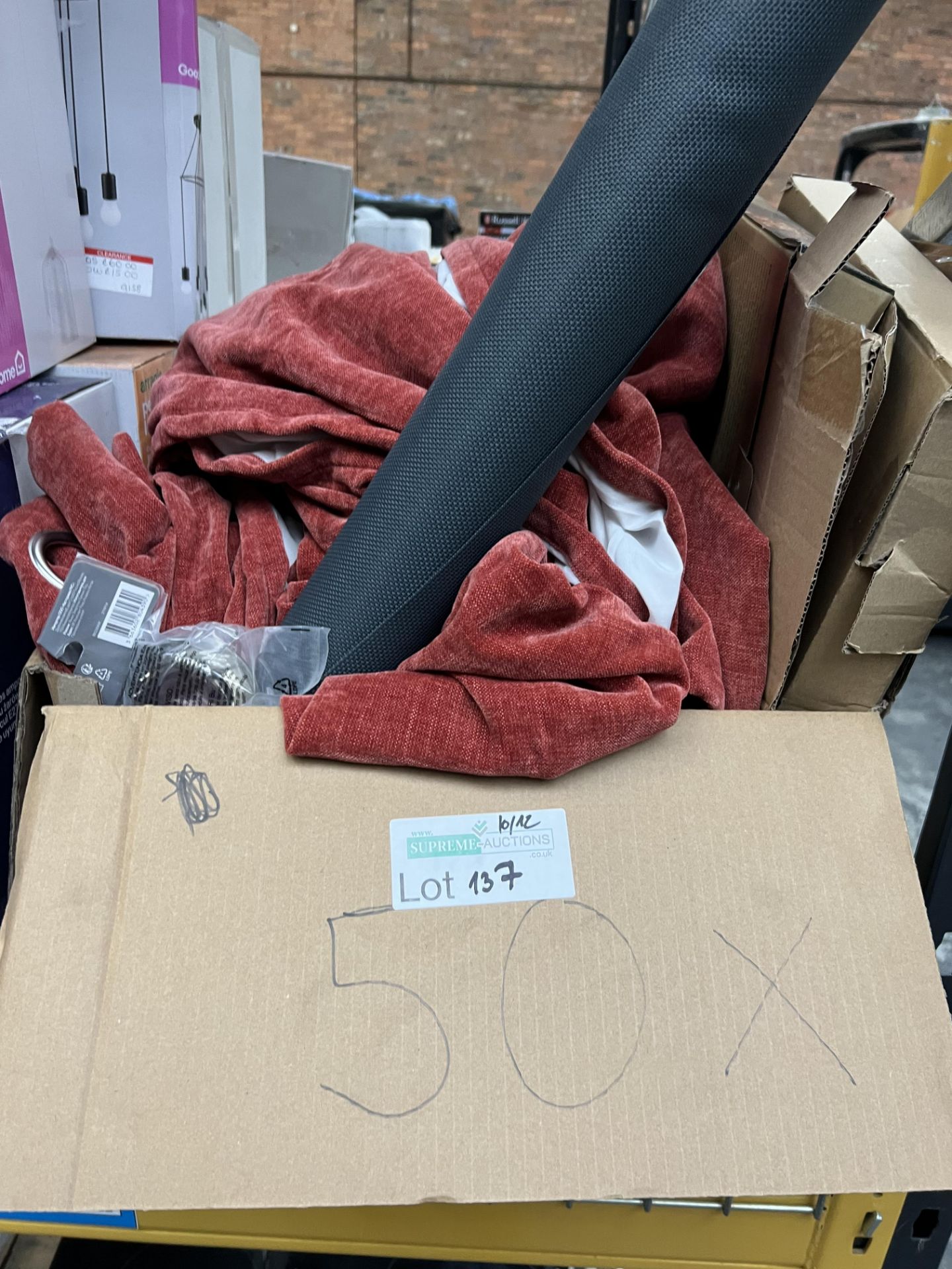 2 X BOXES TO CONTAIN 50 X BETWEEN THEM MIXED ITEMS TO INCLUDE SET OF CURTAINS IN RED, MULTIPLE