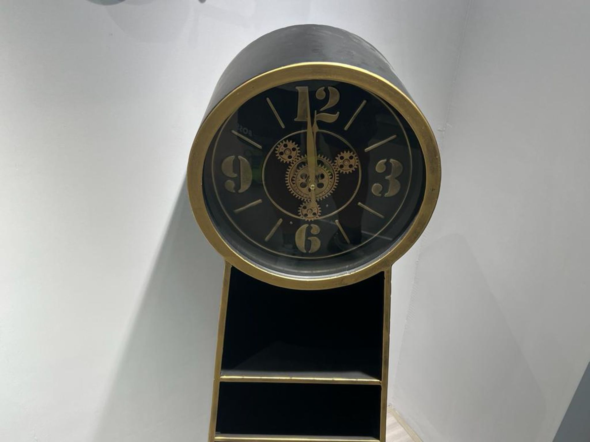 NEW BOXED LARGE BLACK AND GOLD INDUSTRIAL STYLE CLOCK SHELVING UNIT - Image 3 of 3