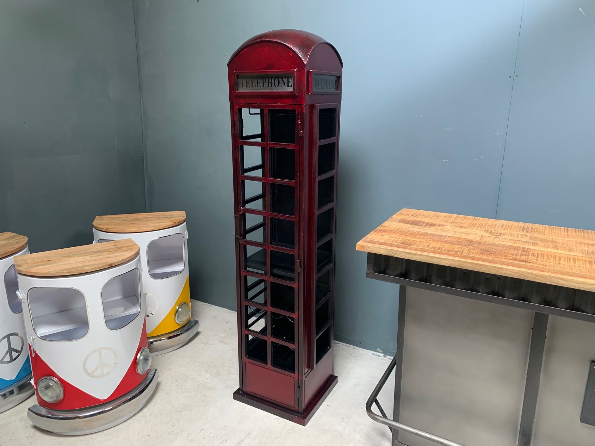 BOXED TALL ICONIC LONDON TELEPHONE BOX, BAR CABINET WITH WINE RACK AND GLASS RACK IN FABRICATED