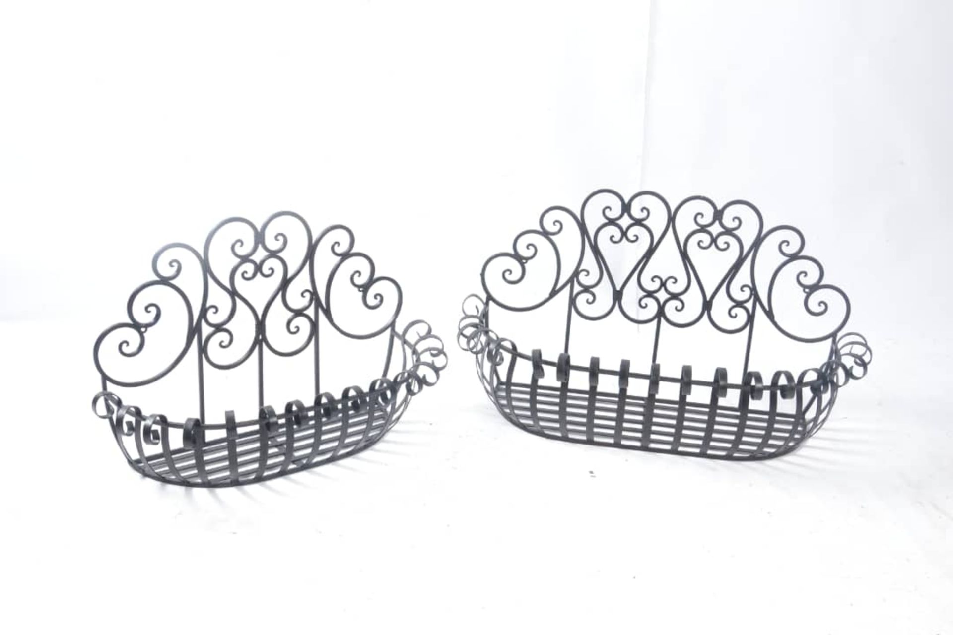 DECORATIVE TWO PIECE IRON ORNATE WALL HANGING PLANTERS