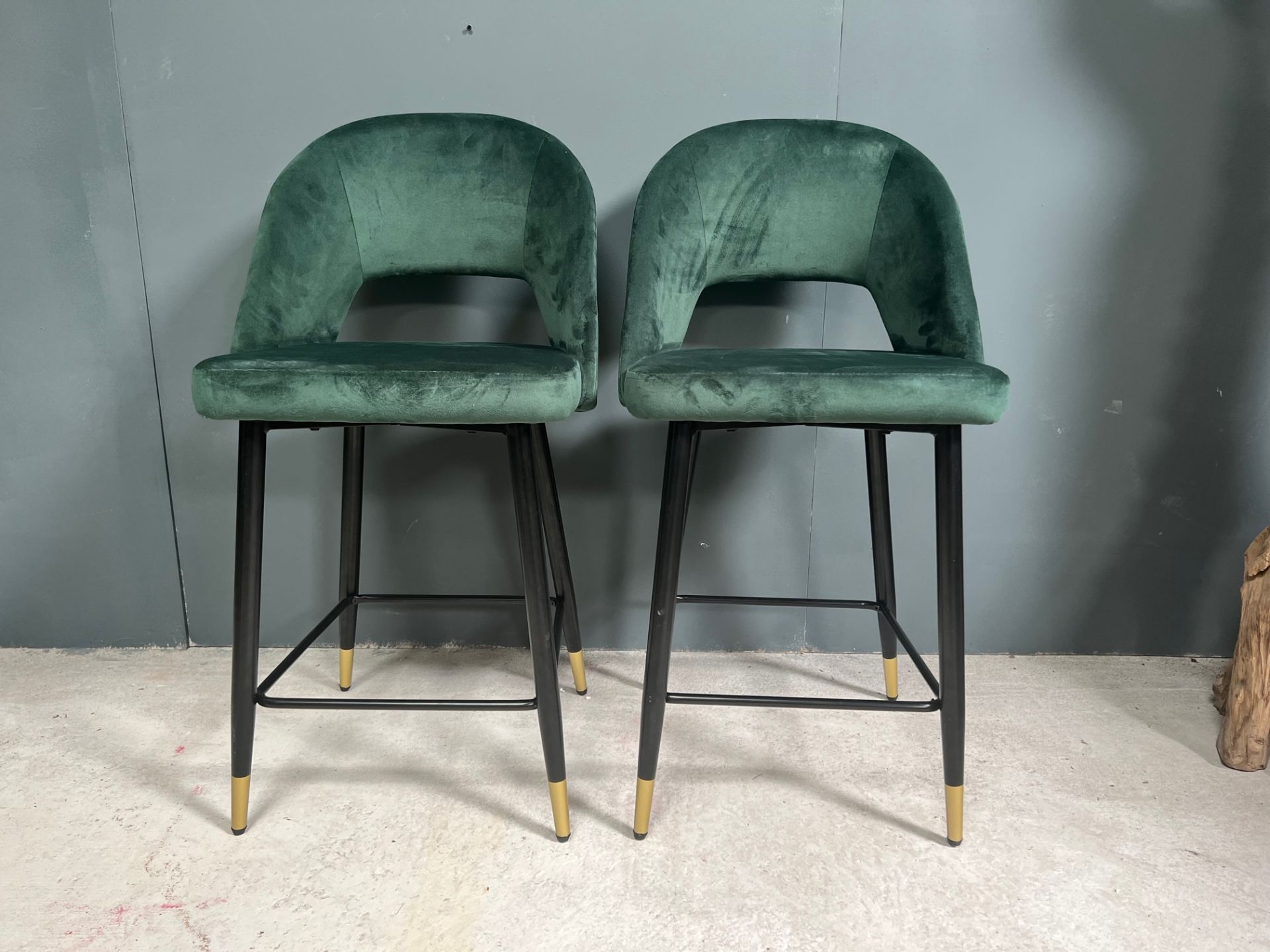 BOXED NEW PAIR OF DARK GREEN VELVET BAR STOOLS