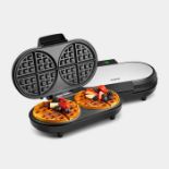 Dual Round Waffle Maker. - PW. Compact with a brushed steel finish, it suits any countertop and