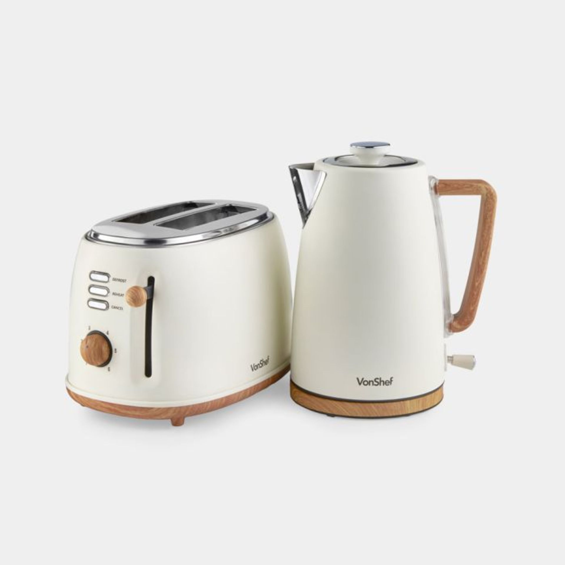 Cream & Wood Fika 2 slice Kettle & Toaster Set. - PW. Featuring wood-effect accents and a clean