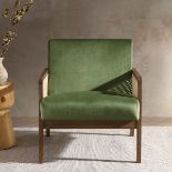Fyne Moss Green Velvet Walnut Frame Rattan Armchair. - SR24. RRP £219.99. Crafted from solid wood,