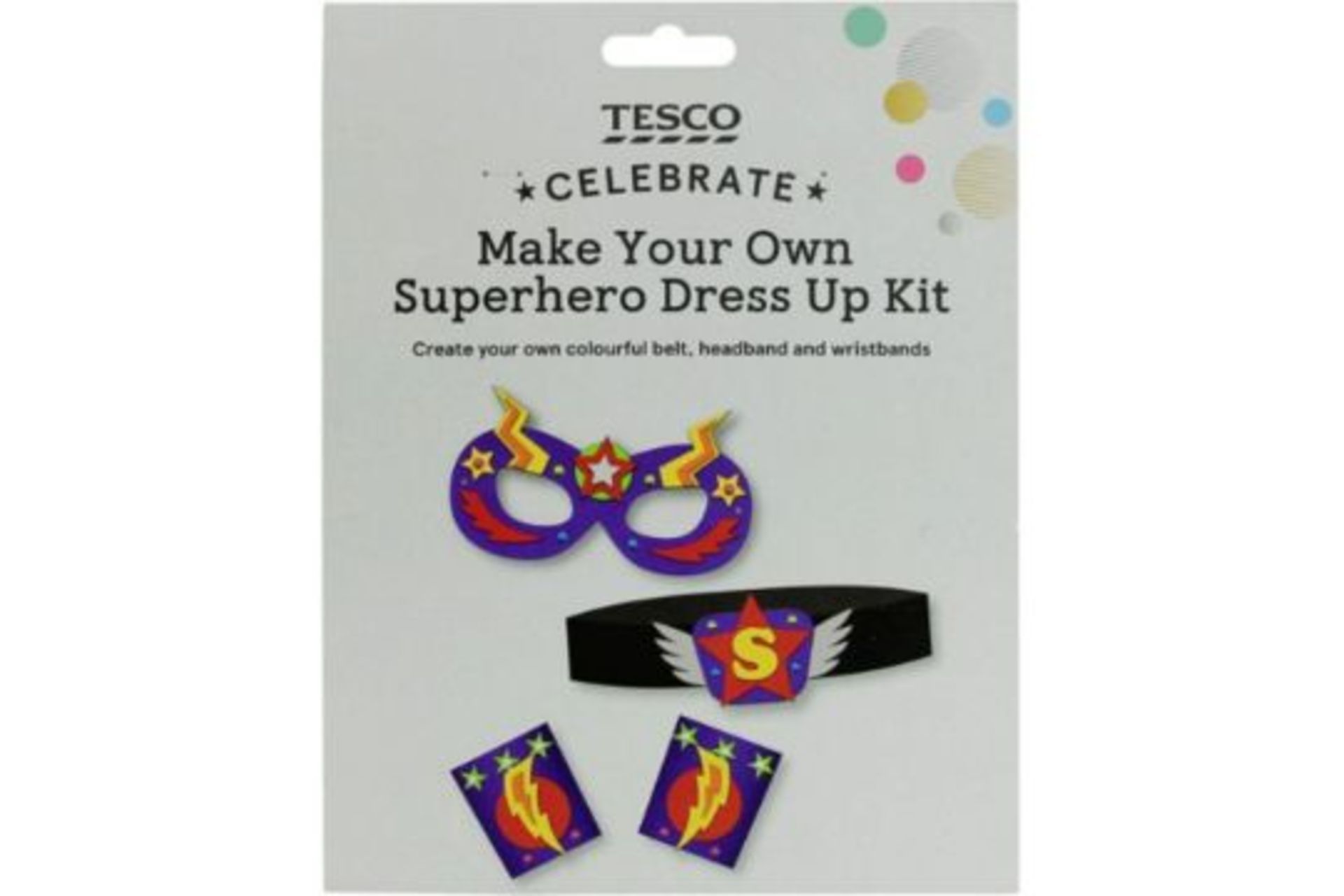 48 X NEW PACKAGED TESCO CELEBRATE MAKE YOUR OWN SUPER HERO DRESS UP KITS. INCLUDES BELT,