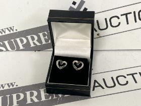 NEW & BOXED 9 CARAT White Gold Black and White Diamond Heart Earrings. RRP £175. (ofc)