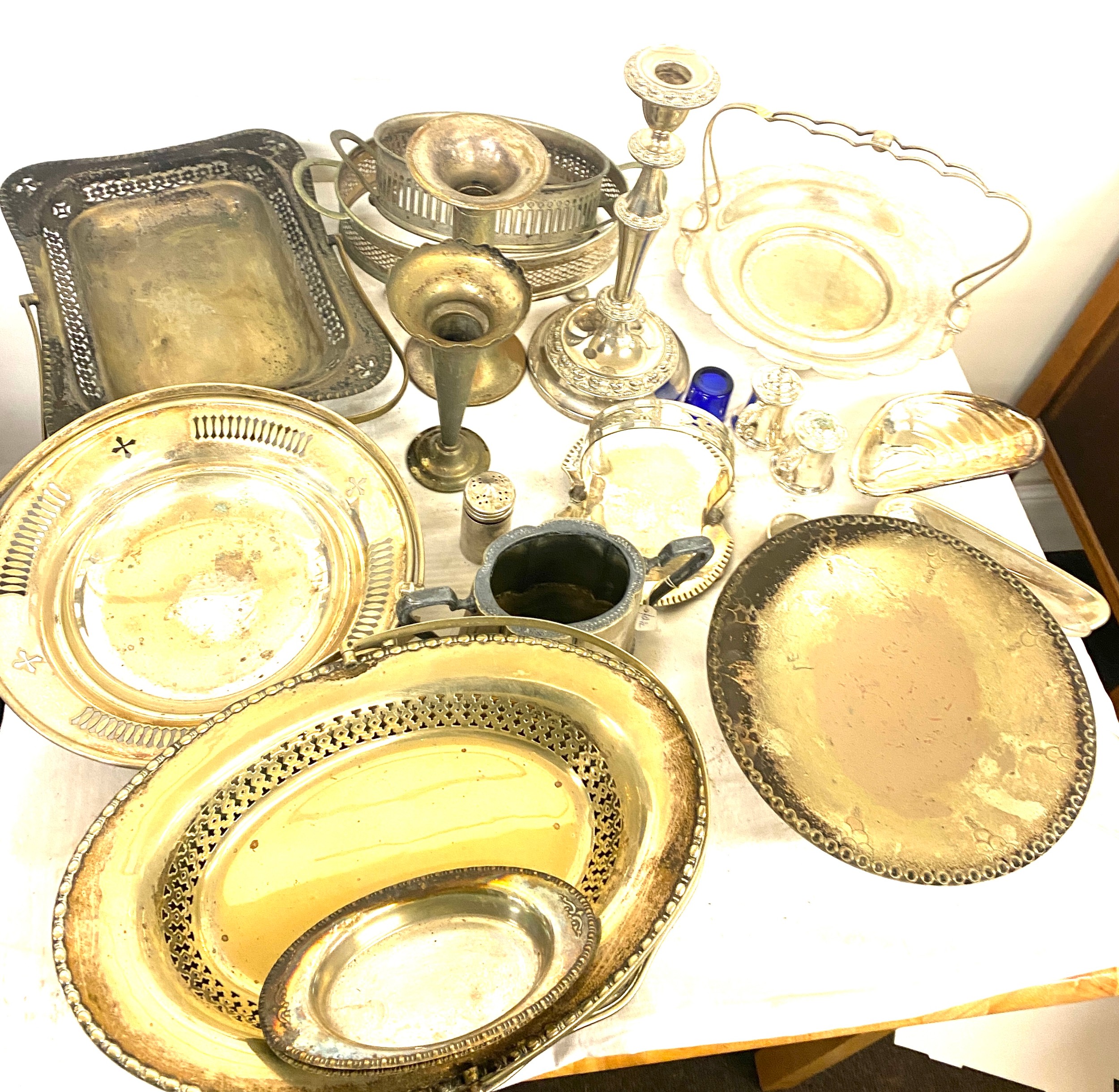 Selection of vintage silver plated items includes candle sticks, trays, rose vases etc
