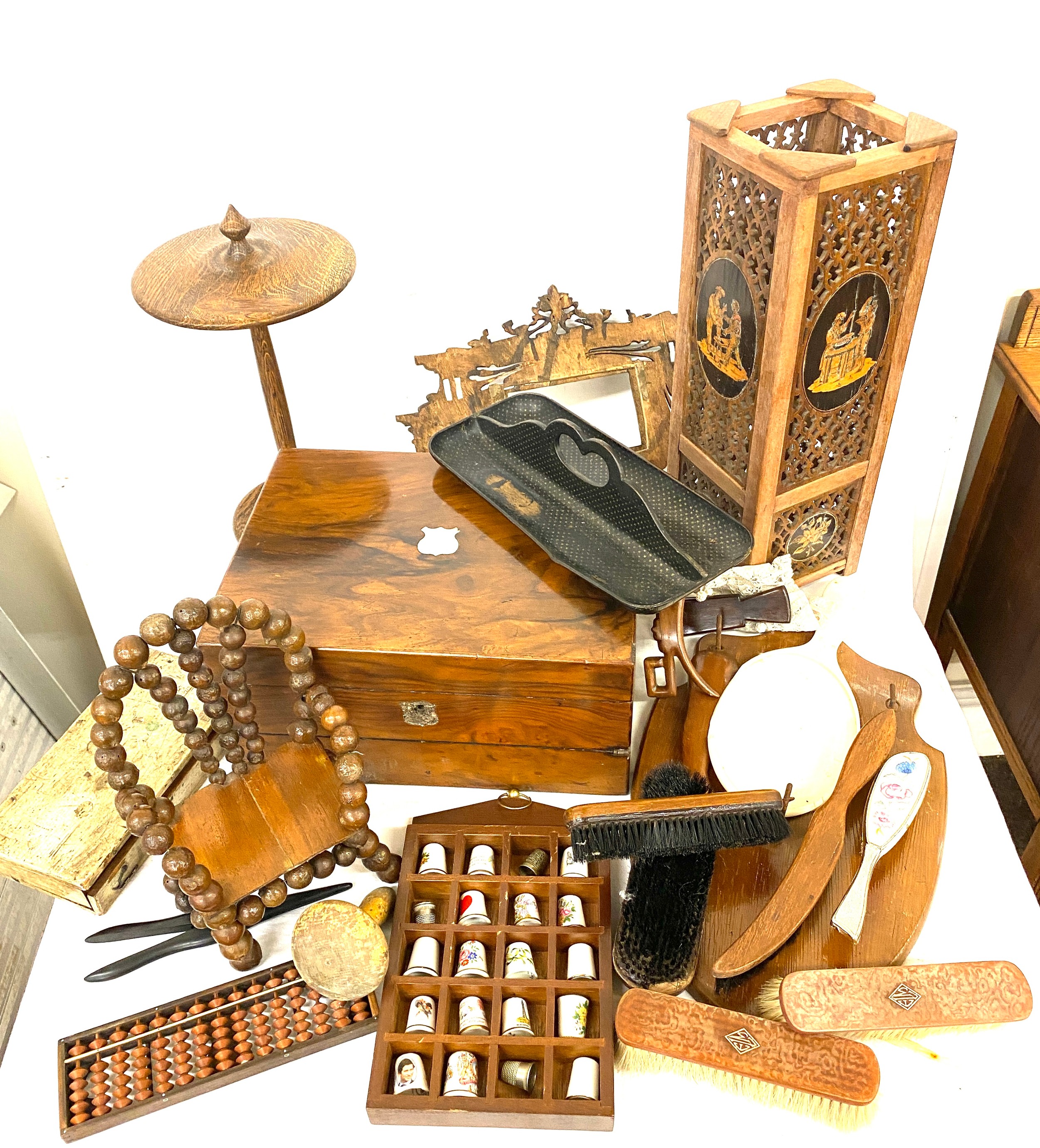 Large selection of assorted wooden items includes lamp Writing box, small chair etc