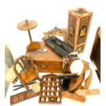 Large selection of assorted wooden items includes lamp Writing box, small chair etc