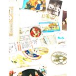 Selection of vintage items to include post cards, records, advertising labels etc