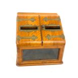 Vintage brass bound satin wood stationary box with key measures approx 11 inches high by 9 inches