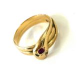 18ct gold snake ring set with diamond eyes and ruby head, hallmarks Sheffield 1926. Weighs approx