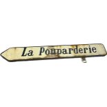 Vintage metal French road sign reads: La Pouparderie, approximate measurements: Length 36 inches,