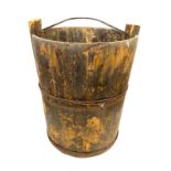 Vintage wooden water pale bucket, Cast iron companion set missing shovel, wooden magazine rack,