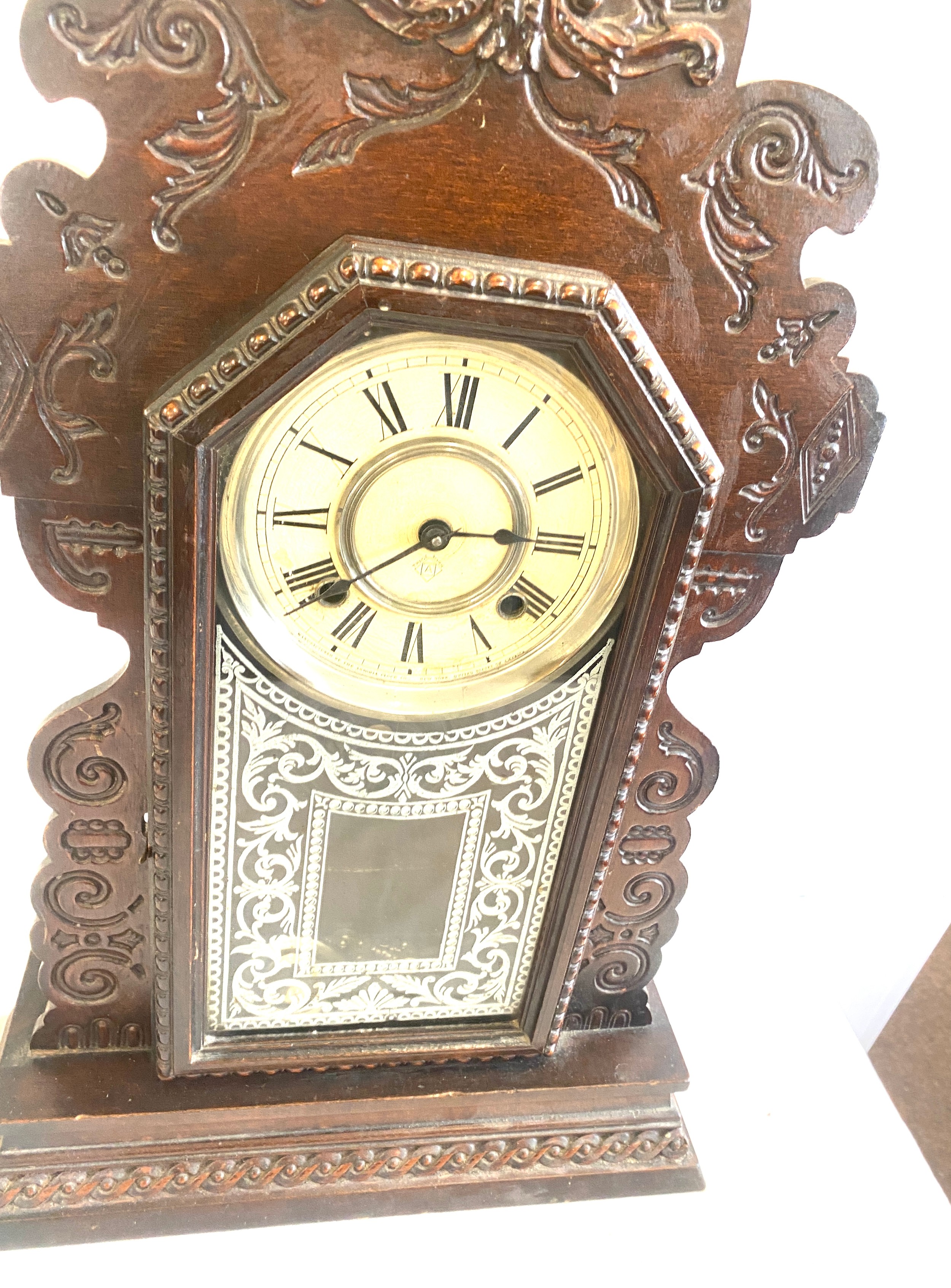 Vintage mahogany carved 2 key hole mantel clock, untested - Image 3 of 6
