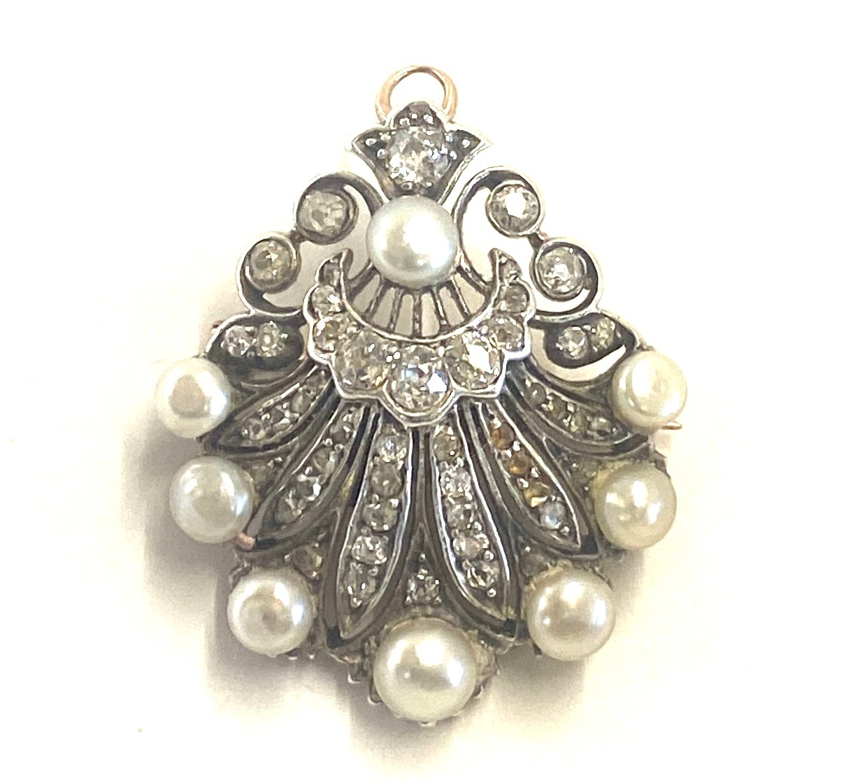 Antique natural pearl and diamond gold backed brooch/ pendant. Measures 4cm tall 3 cm wide.