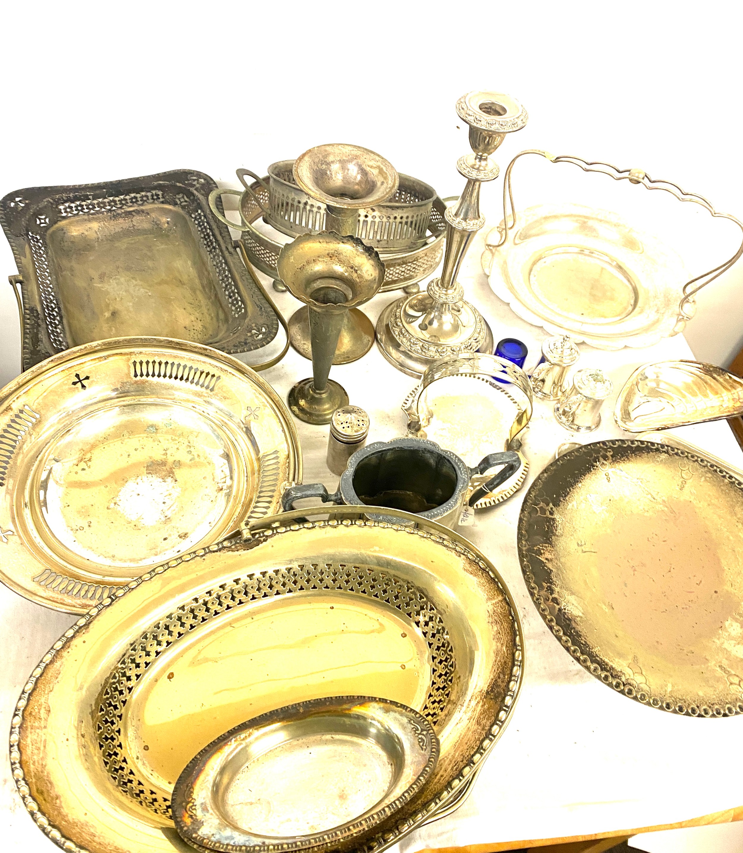 Selection of vintage silver plated items includes candle sticks, trays, rose vases etc - Image 2 of 3