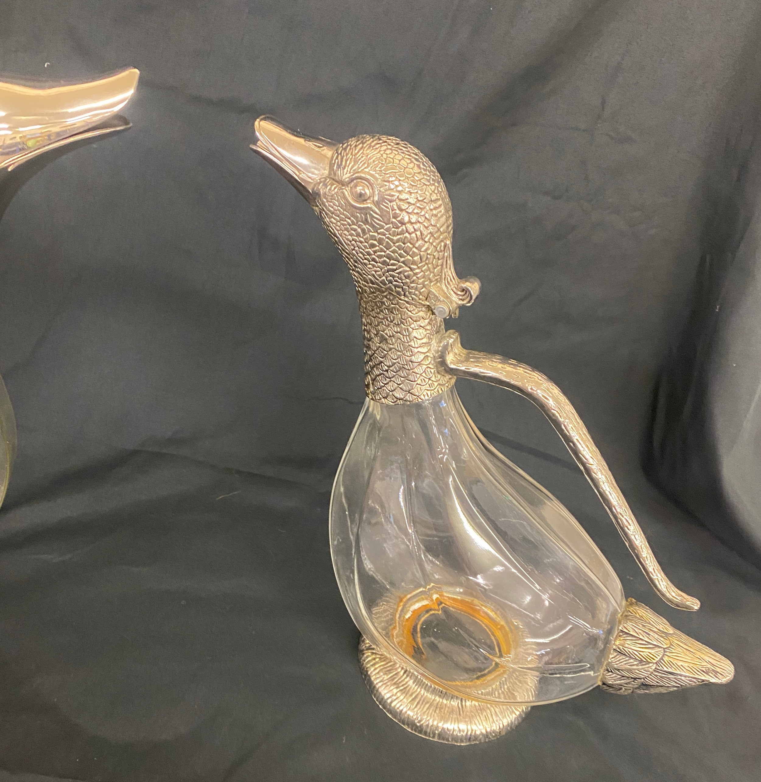 A near pair of glass duck wine decanters with white metal handles and heads - Image 3 of 7