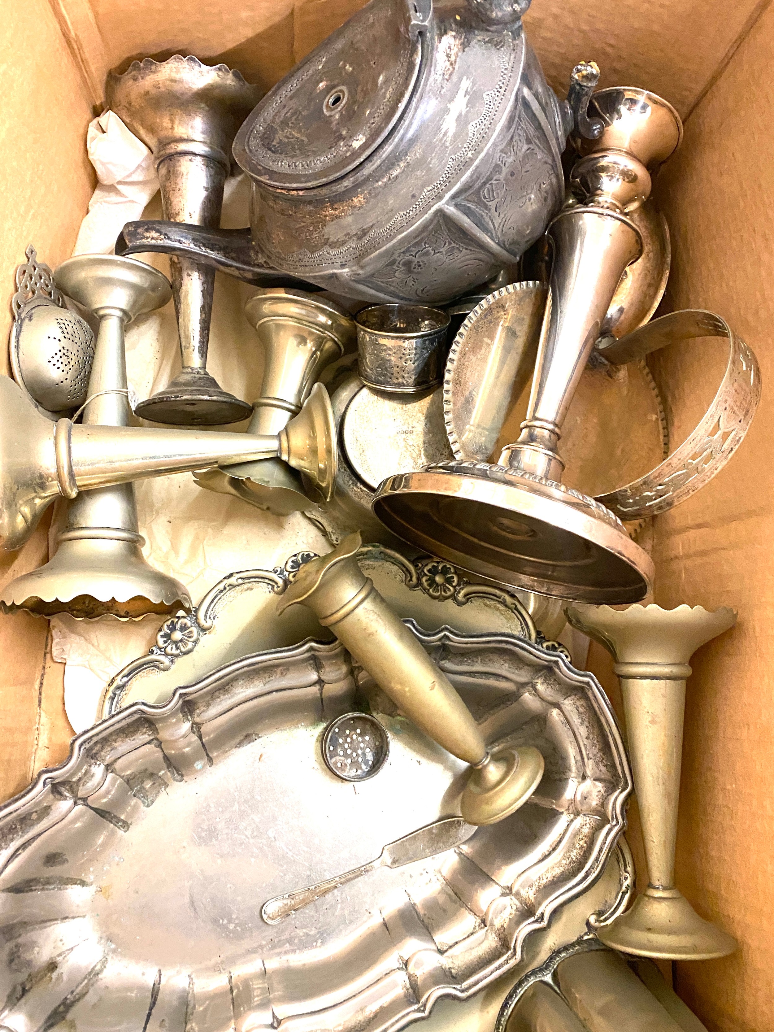 Selection of vintage silver plated items includes candle sticks, trays, rose vases etc - Image 3 of 3