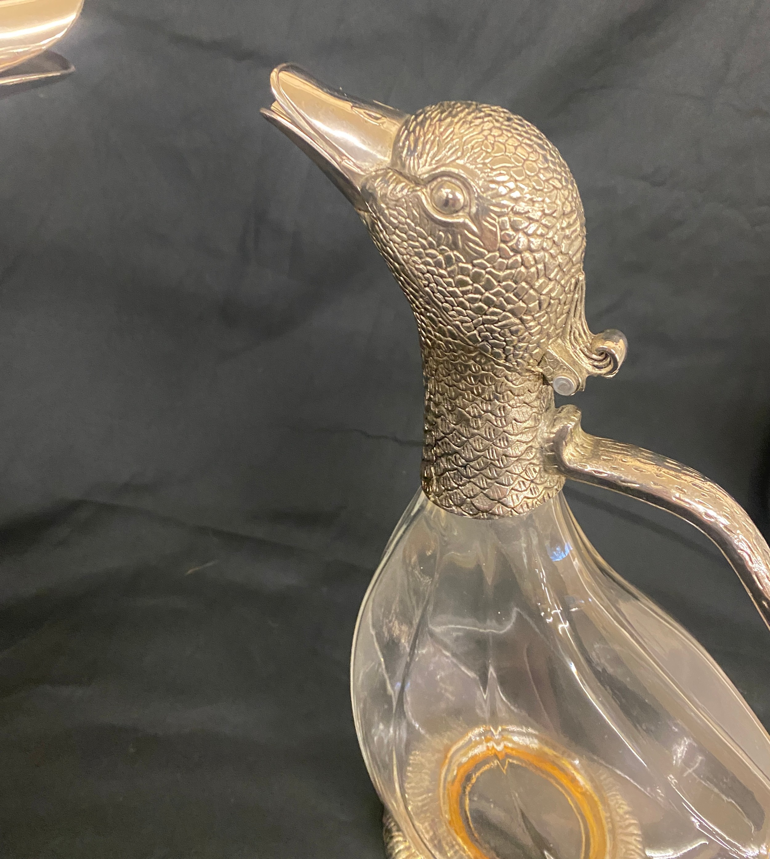 A near pair of glass duck wine decanters with white metal handles and heads - Image 4 of 7