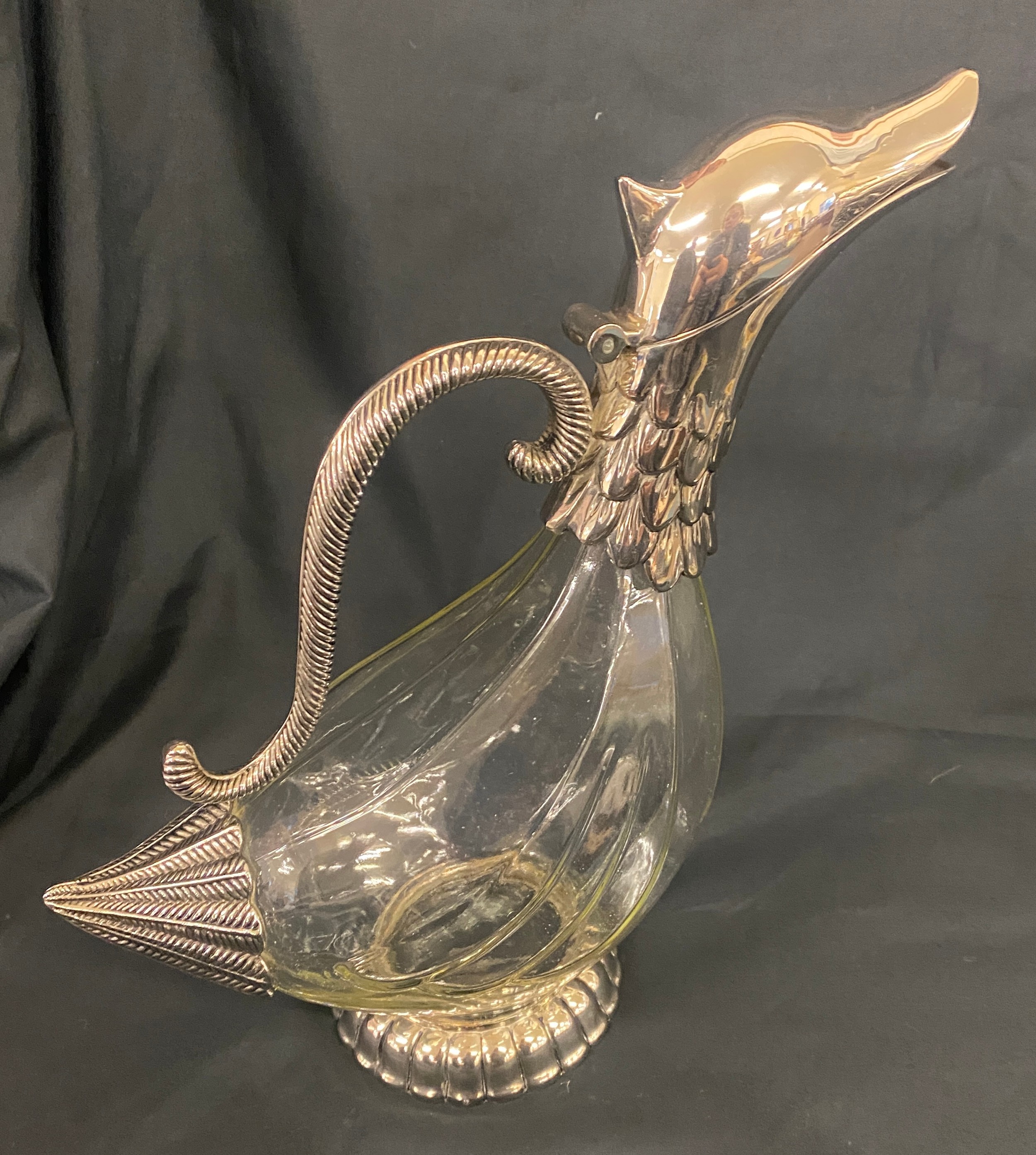 A near pair of glass duck wine decanters with white metal handles and heads - Image 2 of 7