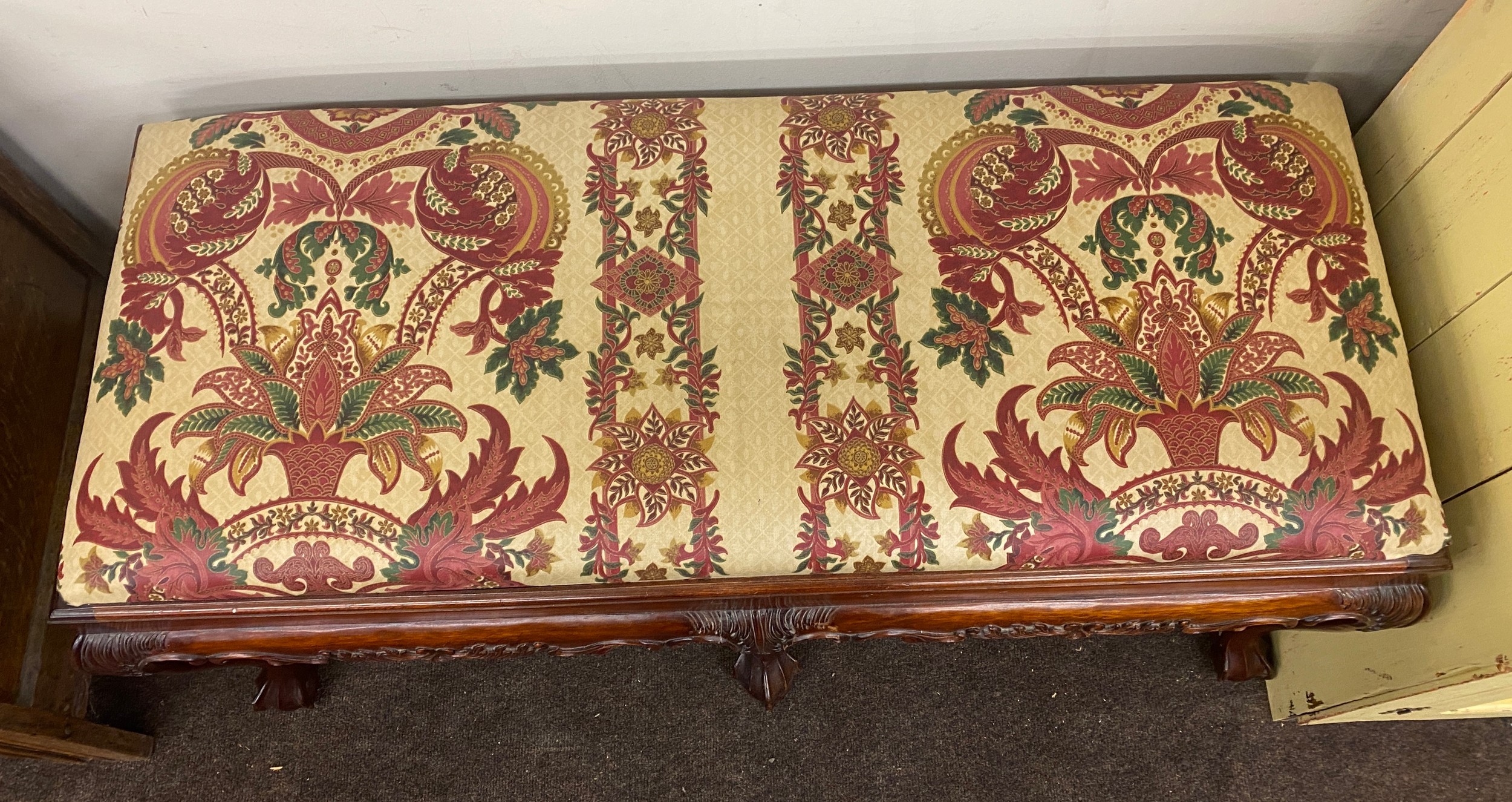 A victorian style mahogany duet stool with a floral drop seat on six ball and claw feet measures - Image 4 of 4