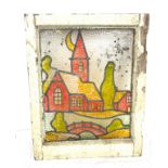 Framed glass window with coloured etching, approximate measurements: 21.5 x 17 inches