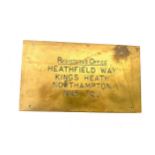 Vintage brass registered office sign reads ' Heathfield Way Kings Heath Northampton NN5 7QU'
