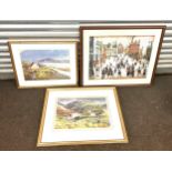 3 Vintage framed prints, largest measures approximately Width 31 inches, Height 25.5 inches