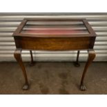 Oak Edwardian bijouterie display table with key measures approx height 28 inches by 28 inches