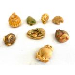 Selection of 8 signed Tagua nut netsukes to include Owl, duck, frog etc