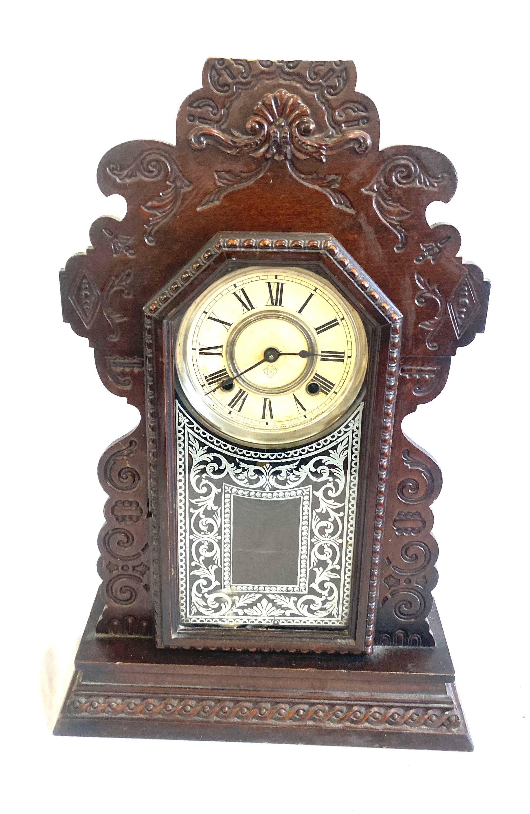 Vintage mahogany carved 2 key hole mantel clock, untested