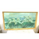 Large framed 60s print of galloping horses in the waves measures approx 33.5 inches wide 18.5 inches