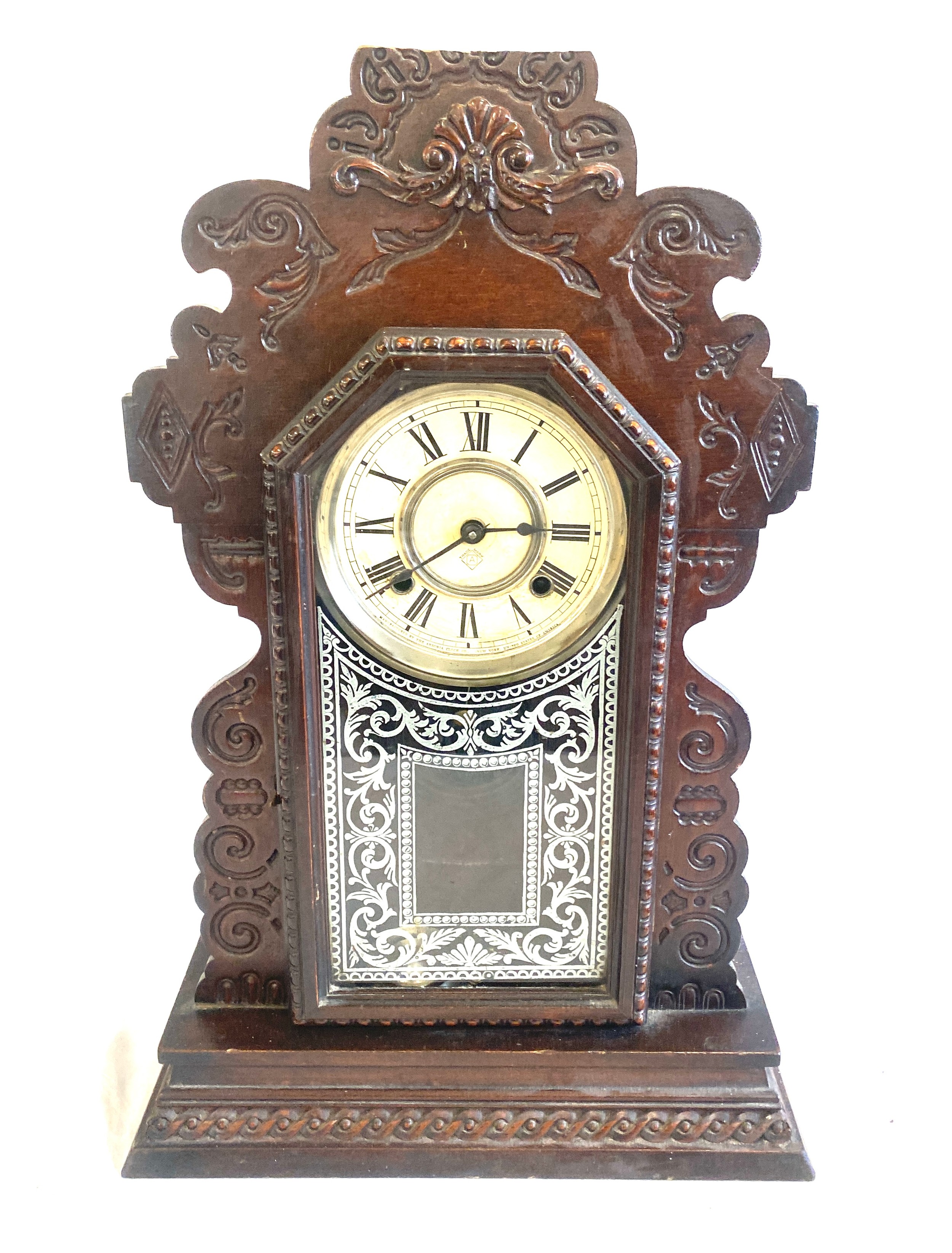 Vintage mahogany carved 2 key hole mantel clock, untested - Image 2 of 6