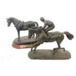 2 Vintage resin horse figures on stands, damage to leg of horse with rider