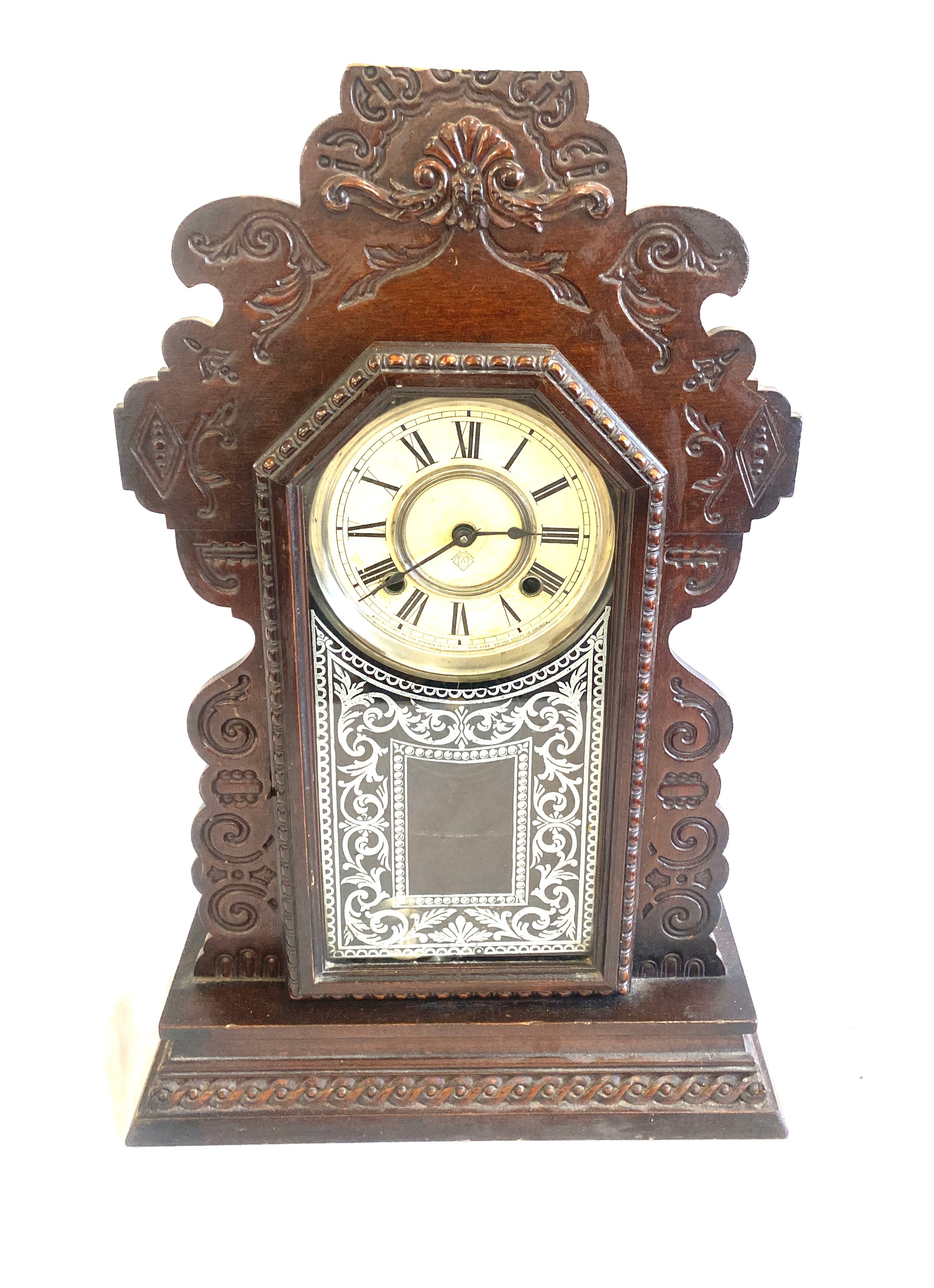 Vintage mahogany carved 2 key hole mantel clock, untested - Image 5 of 6