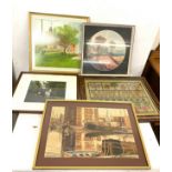 Selection of 5 framed pictures and print to include an embroidery piece