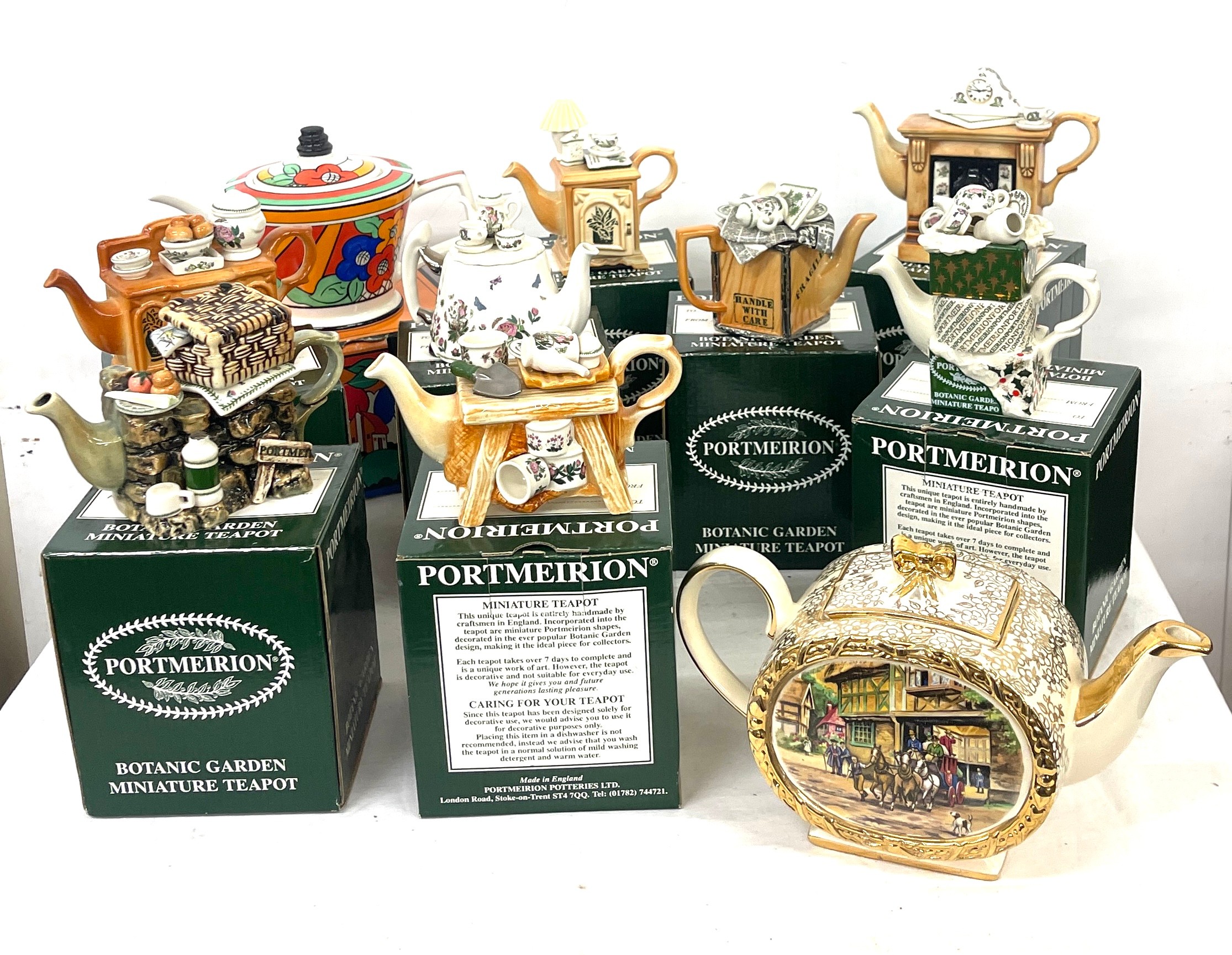 Selection of tea pots to include eight boxed Portmeirion miniature tea pots, Sandler tea pot and a