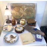 Selection of items to include working table lamp, framed map, collectors plates, cased spoons etc