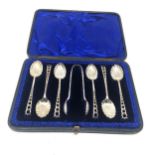 Antique boxed set of silver tea spoons & tongs Sheffield silver hallmarks