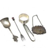 Selection of antique silver items inc napkin ring caddy spoon fruit knife etc