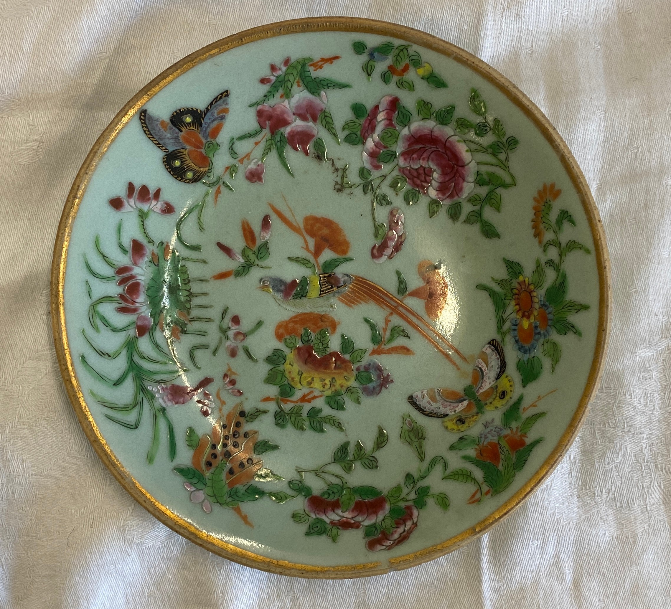 Hand painted Chinese porcelain plate, Celadon famille Rose, marks to base diameter approx 7.5 - Image 2 of 5