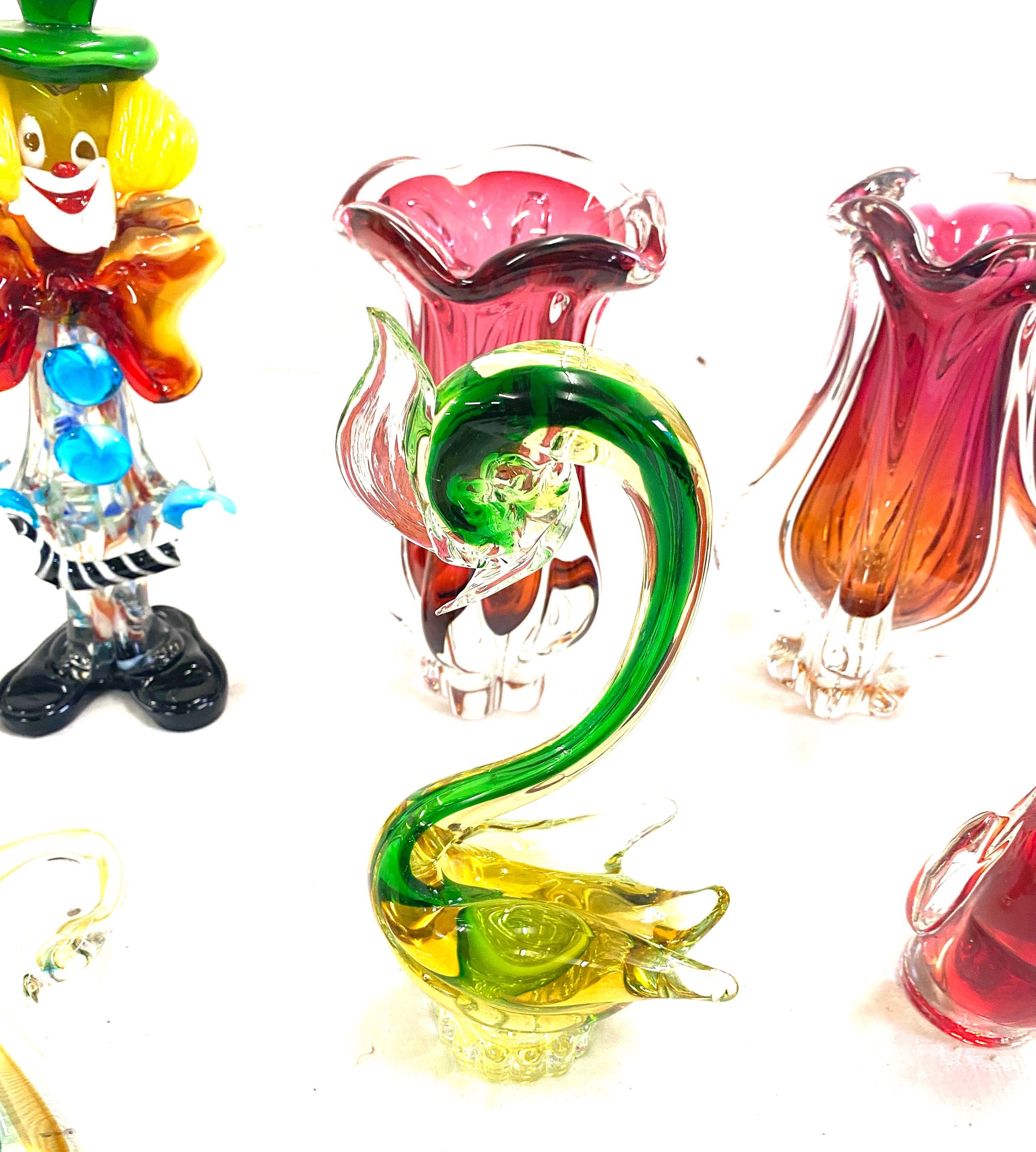 Selection of coloured Murano glass to include swan figures, a clown, vases etc, Some damage to - Image 6 of 12