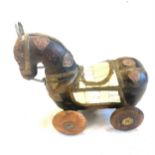 Small wooden troy horse inlaid with mother of pearl detail, approximate measurements: Height 6.5